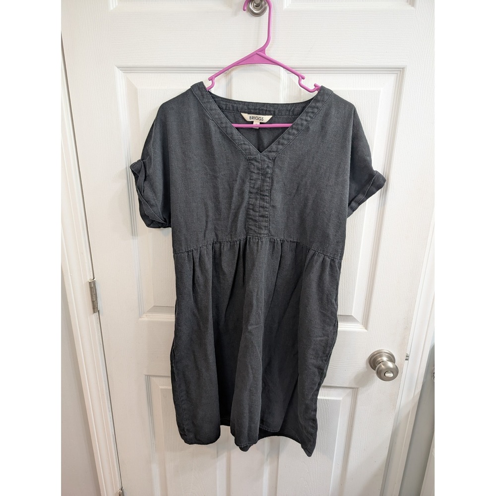Briggs Linen Blend Dress Womens Black V-Neck Babydoll Midi Pockets - Size M